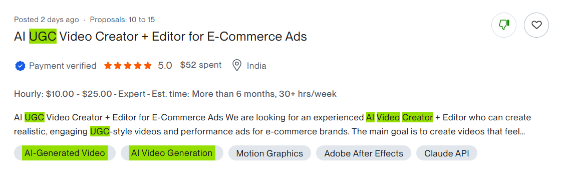 Originalni screenshot objavljene Upwork ponude za posao — primer 1 od 10