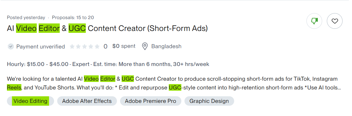 Originalni screenshot objavljene Upwork ponude za posao — primer 5 od 10